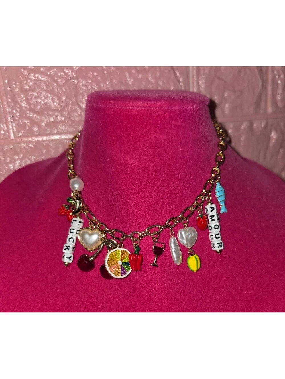 GOLD STATEMENT CHARM NECKLACE FRUIT LUCKY AMOUR LETTER BEADS HEART PEARL CHOKER